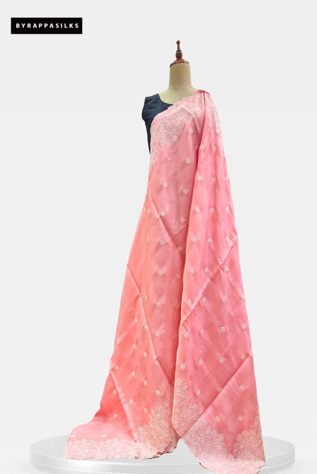 Semi Tussar Saree With White Floral Embroidery Baby Pink QS315303