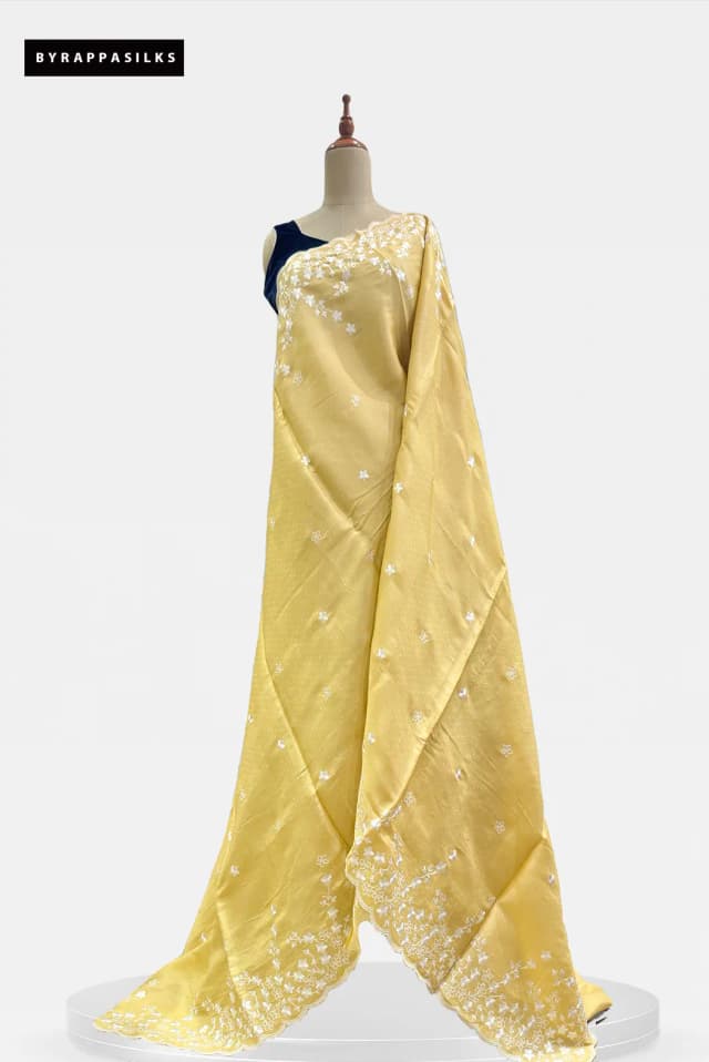 Semi Tussar Saree With White Floral Embroidery Work Yellow QS315321