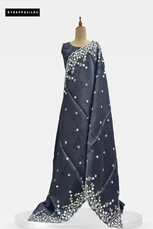 Semi Tussar Saree With White Floral Embroidery Work Black QS315321