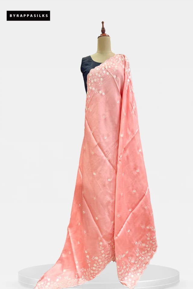 Semi Tussar Saree With White Floral Embroidery Work Baby Pink QS315321