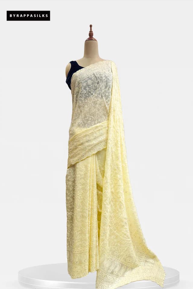 Pure Organza Chikankari Floral Embroidery Lemon Yellow QS316325