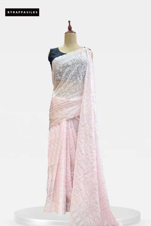 Pure Organza Chikankari Floral Embroidery Blush Pink QS316325