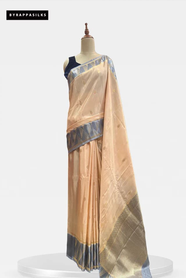 Semi Tussar Saree With Gold & Silver Zari Work Border Peach Colour QS316848