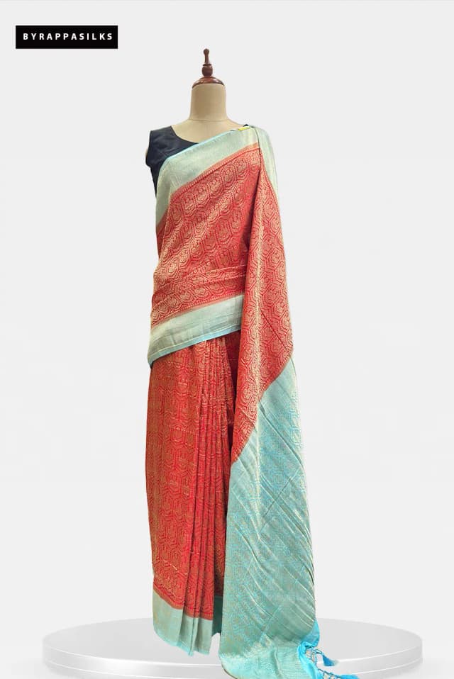 Semi Khaddhi Georgette Saree Red & Sky Blue Border QW208859
