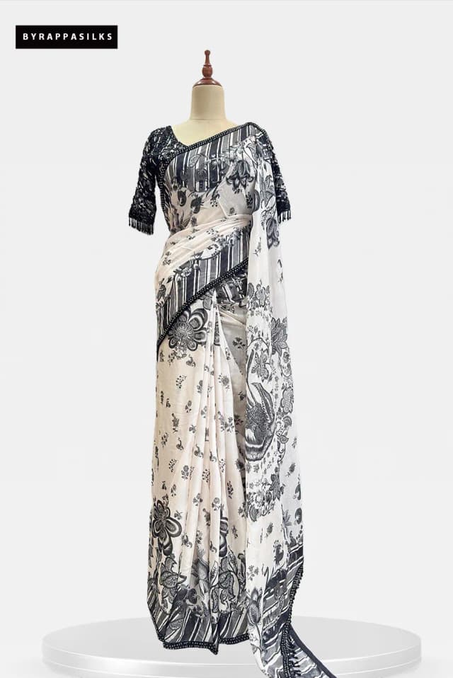 Chiffon Saree With Heavy Ready Blouse Black & White QW208755