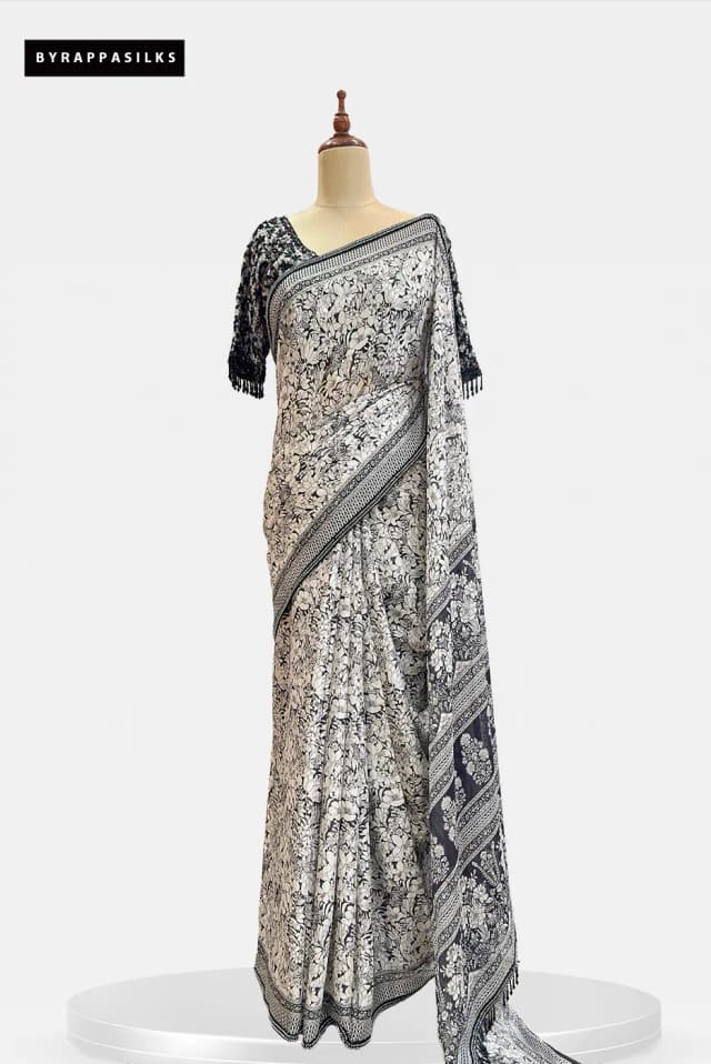 Chiffon Saree With Heavy Ready Blouse Black & White QW208753