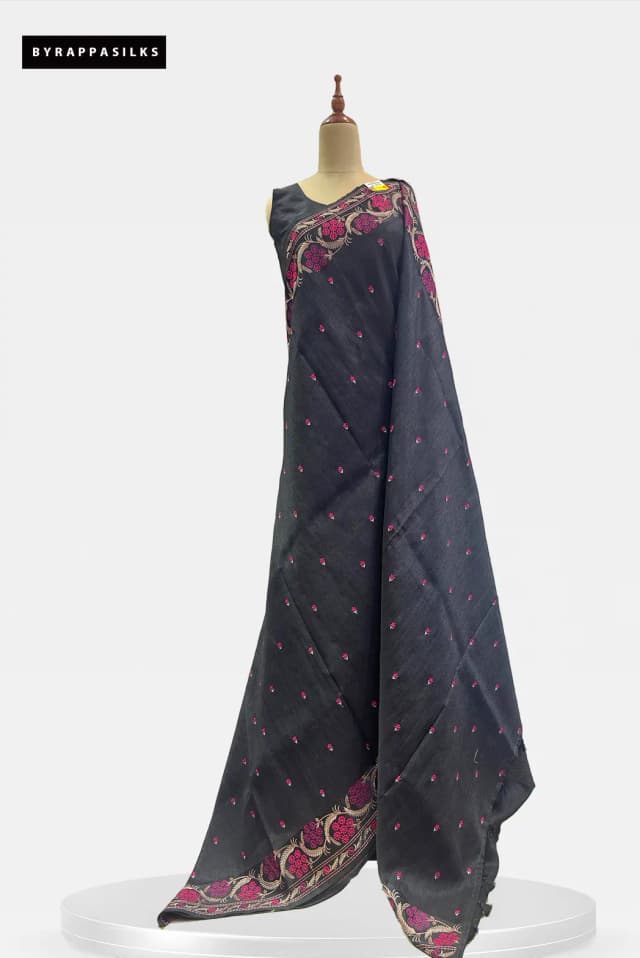 Semi Tussar Saree Floral Buttis Black QS318852