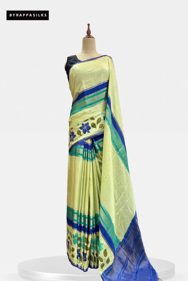 Crape Saree Floral Applique Border Lime Green QS318843
