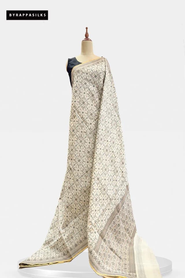 Kora Cotton Saree Geometric Ivory And Gold QS319457