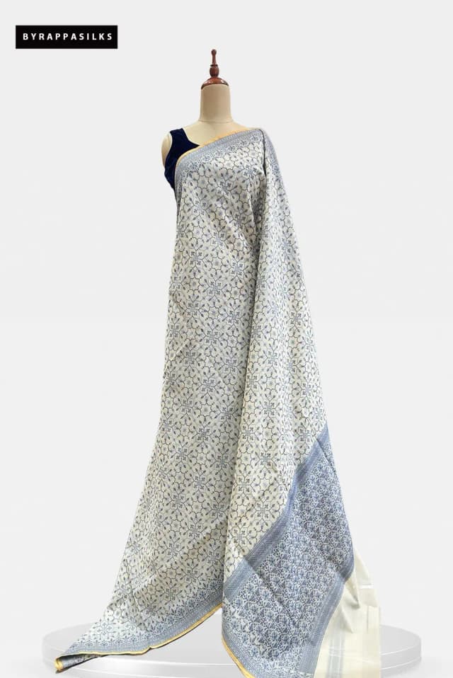 Kora Cotton Saree Geometric Ivory And Powder Blue QS319457