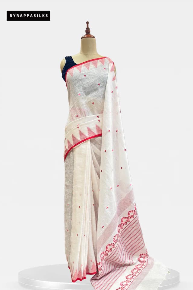 Linen Saree With White & Red Temple Border QS304652