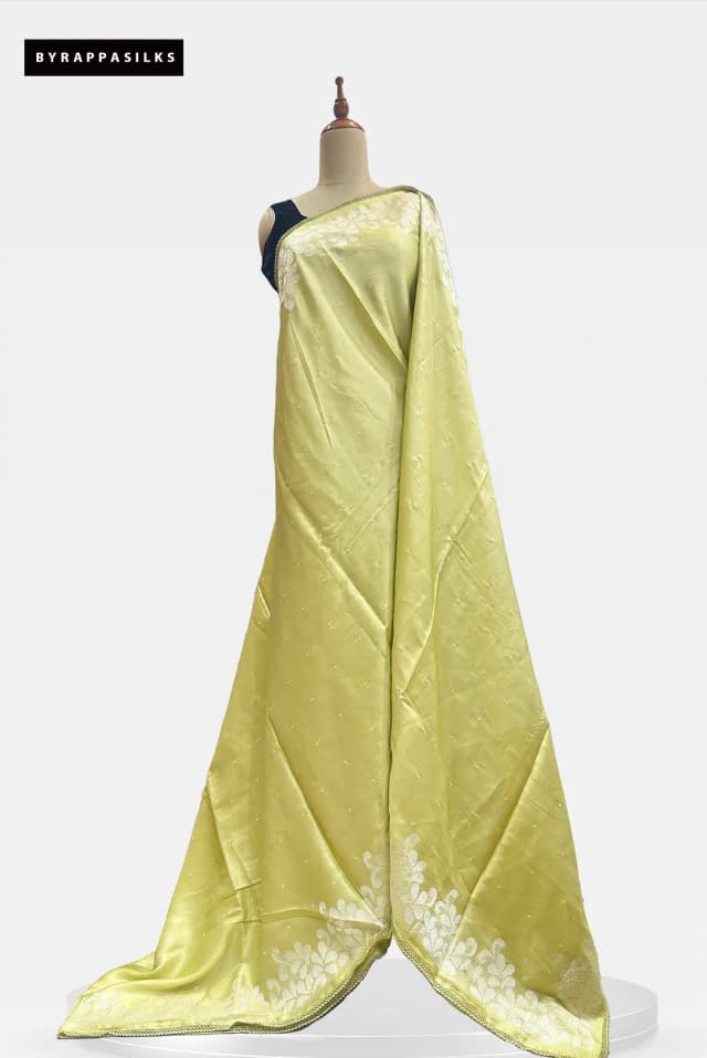 Semi Tussar Saree With White Floral Embroidery Work Sage Green QS317019