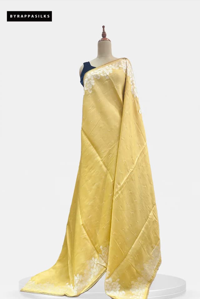 Semi Tussar Saree With White Floral Embroidery Work Yellow QS317019