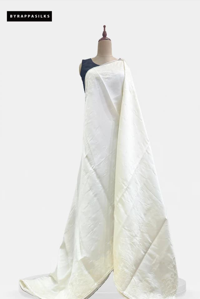 Semi Tussar Saree With White Floral Embroidery Work White QS317019