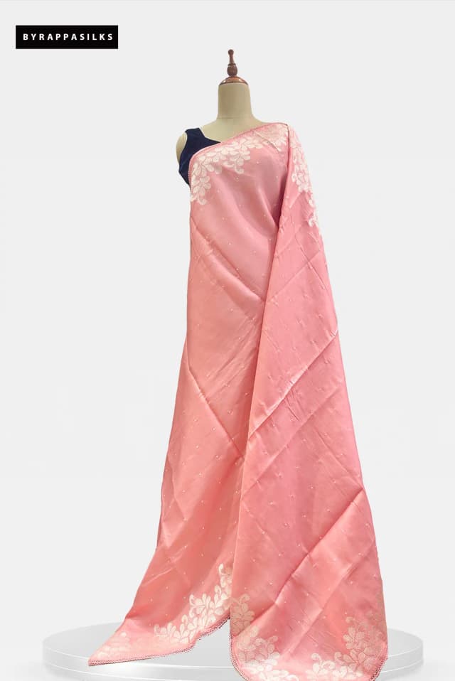 Semi Tussar Saree With White Floral Embroidery Work Baby Pink QS317019