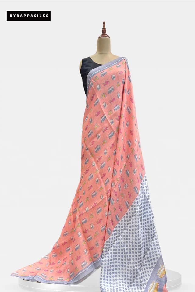 Linen Cotton Saree Quirky Car Print Peach QS311939
