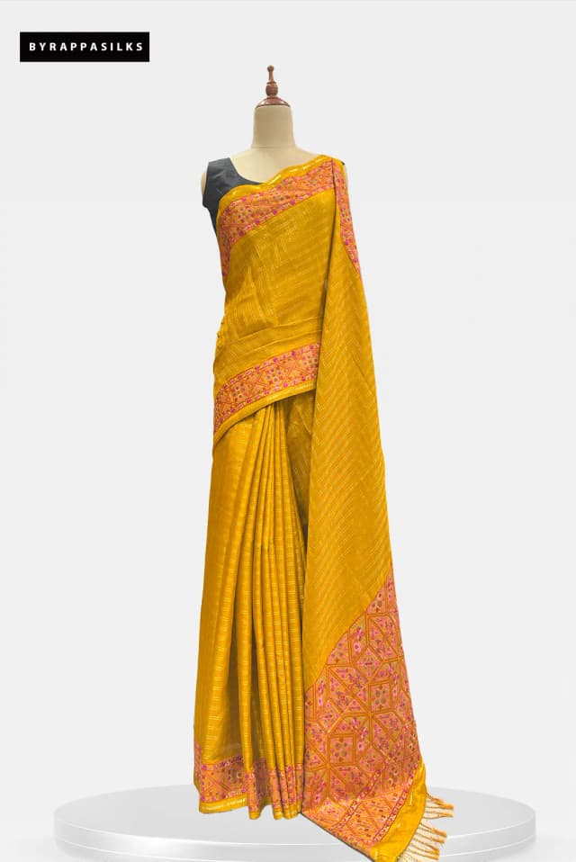 Semi Tussar Saree With Geometric Border Yellow AA204205