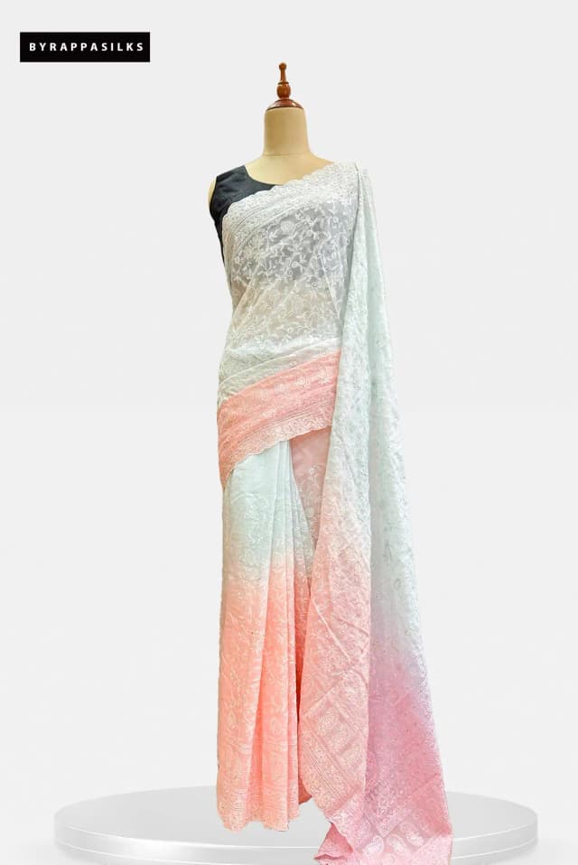 Pure Organza Chikankari Floral White & Peach-Pink AA203564