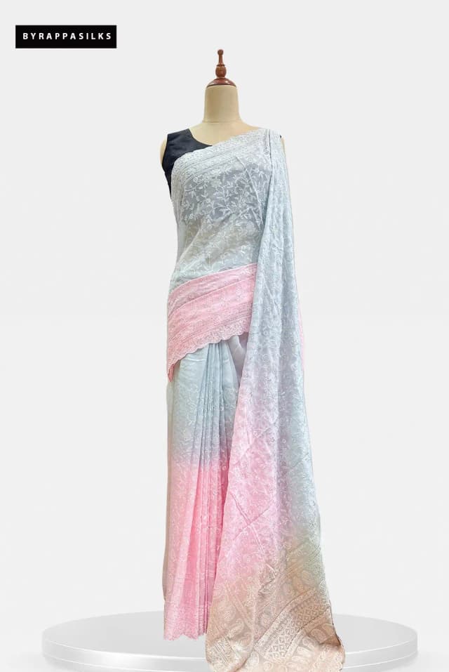 Pure Organza Chikankari Floral White & Candy Pink AA203564