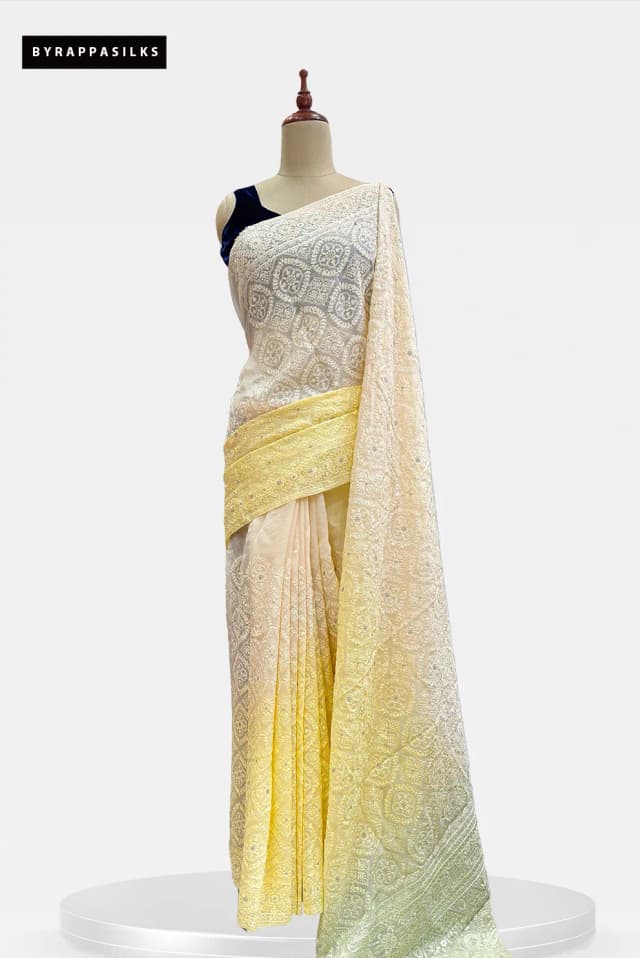 Pure Organza Chikankari Floral Cream To Lemon Yellow AA203564