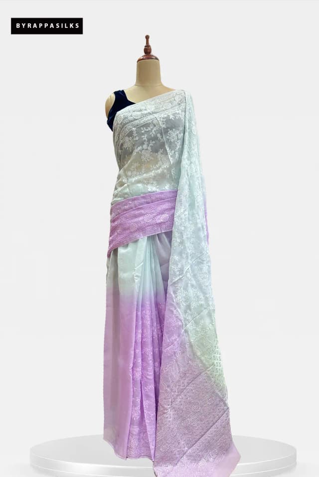 Pure Organza Chikankari Floral Mint Green & Lavender QS306192