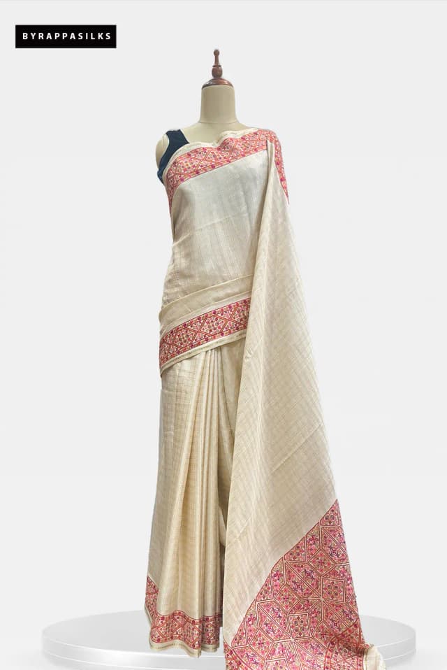 Semi Tussar Saree With Geometric Border Cream AA204204