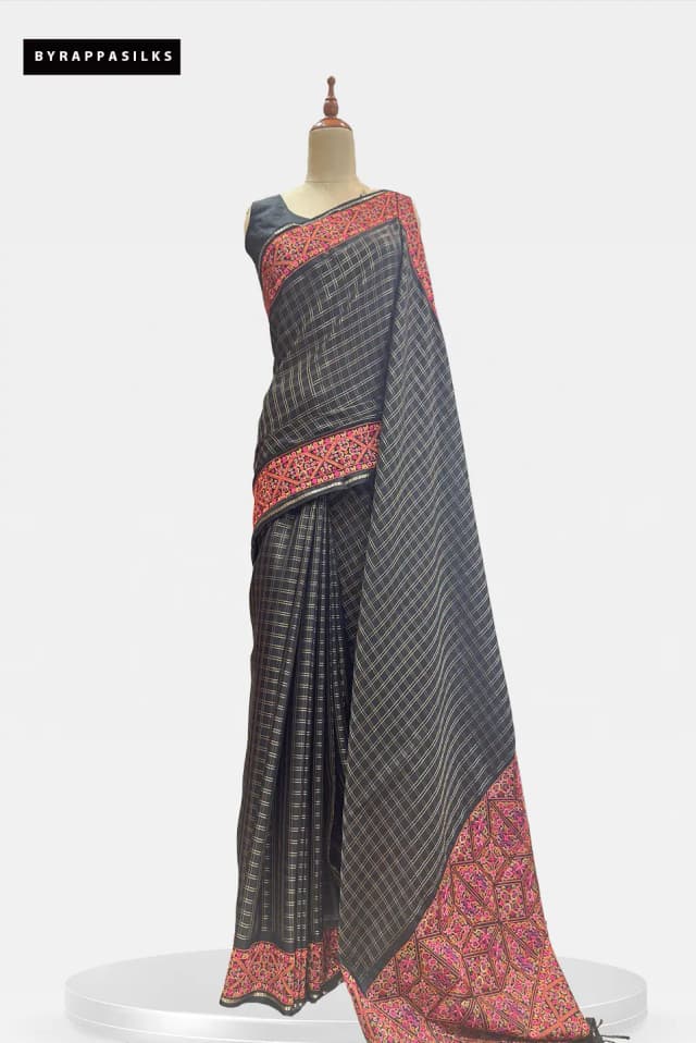 Semi Tussar Saree With Geometric Border Black AA204205