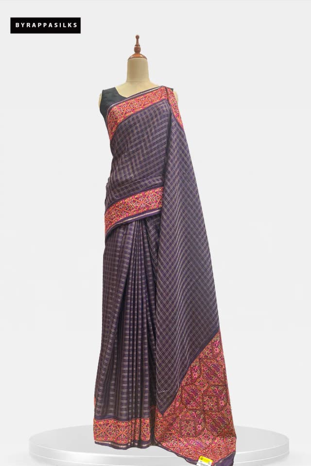 Semi Tussar Saree With Geometric Border Midnight Purple AA204205