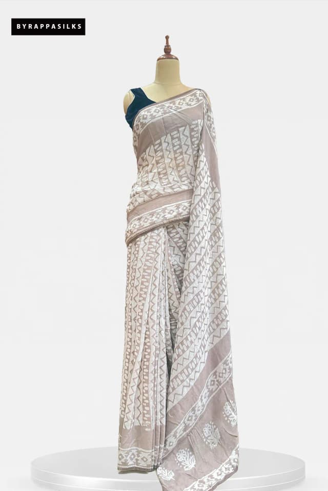 Mul Cotton Saree Geometric Taupe AA206575