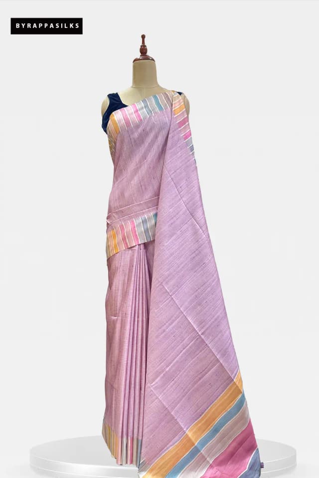 Semi Tussar Saree Lavender Pink Multi-Colour Striped Border AA206381
