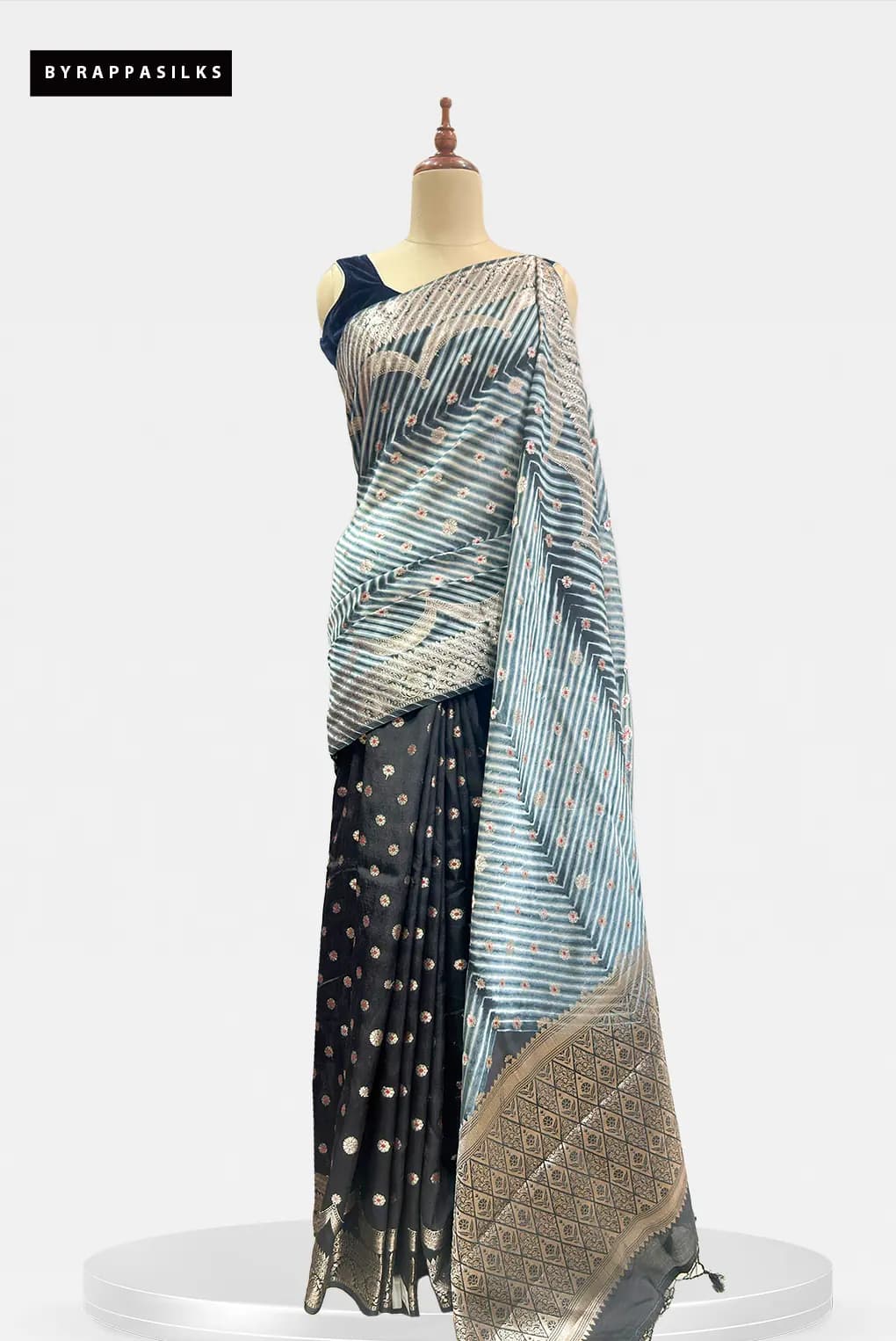 Banarasi Saree Leheriya Print Steel Grey & Charcoal Black QS319403