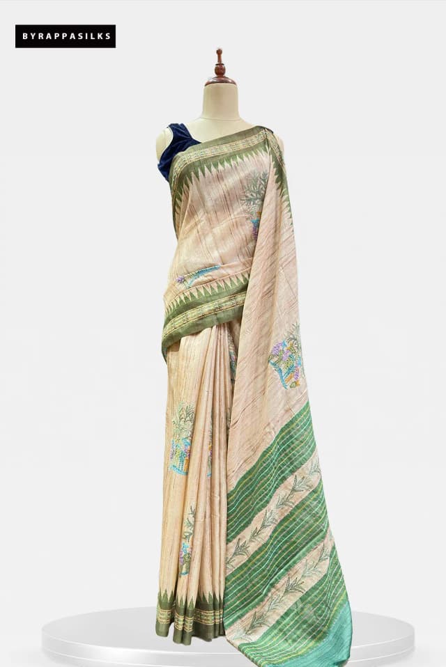 Semi Tussar Saree Hand Work Beige & Green QS319126