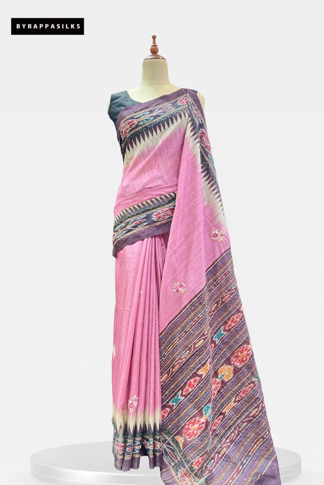 Semi Tussar Saree Hand Work Pink QS319142