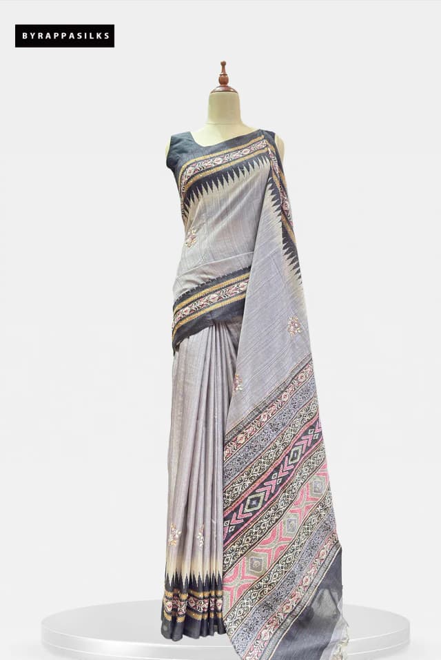 Semi Tussar Saree Hand Work Grey QS311237