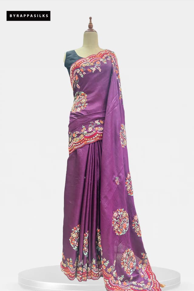 Pure Tussar Saree Floral Embroidery Wine QS285157