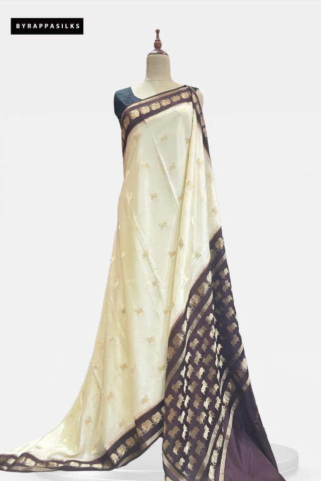 Crape Silk Saree Off-White & Brown AA207703