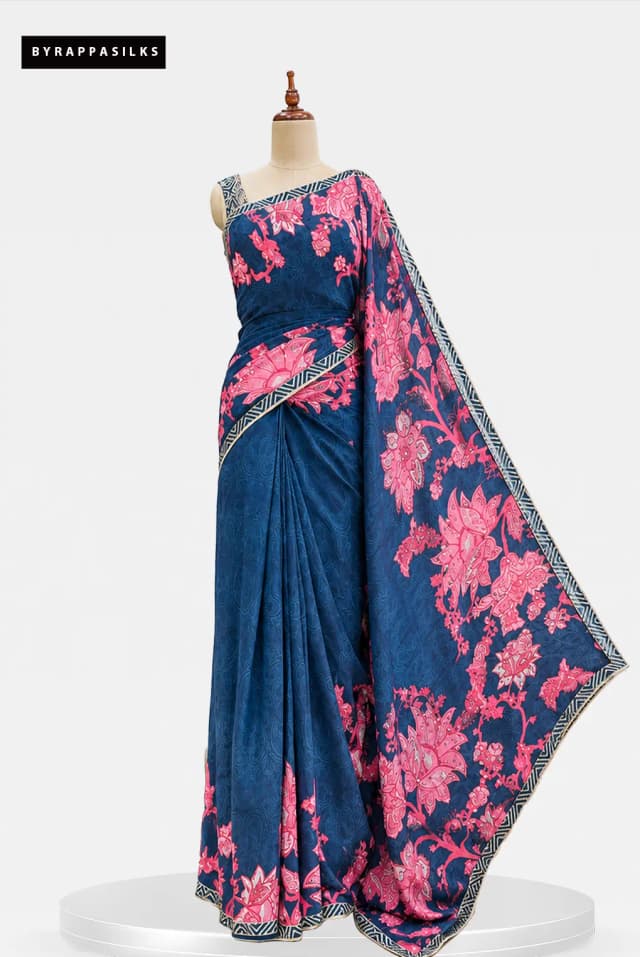 Printed Crape Saree Deep Teal Blue With Ready Blouse QS315937