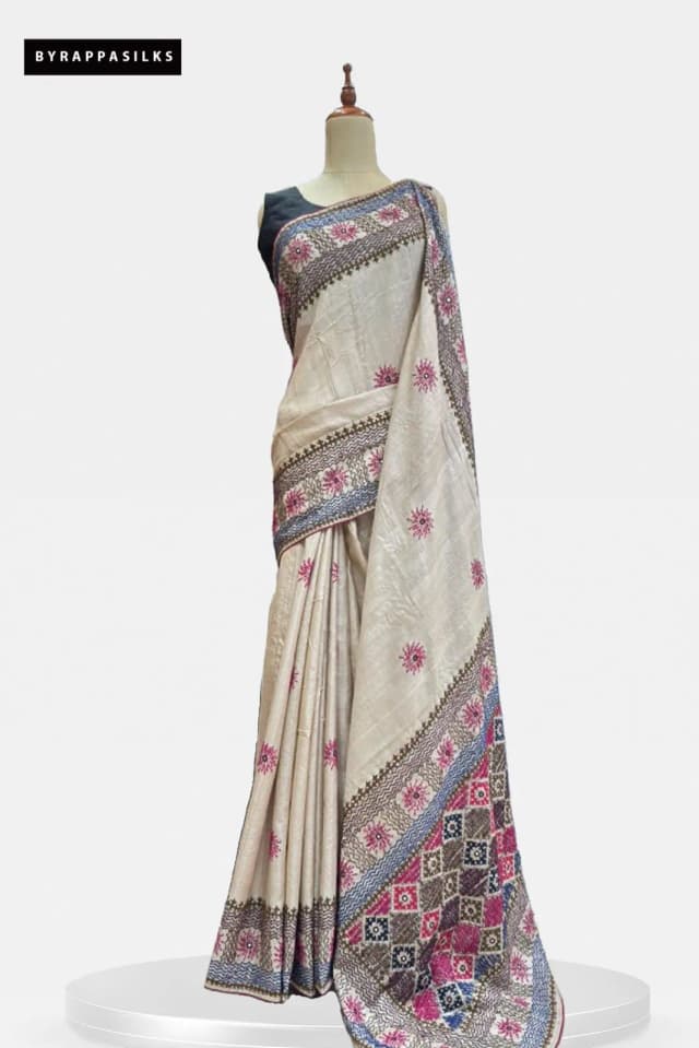 Pure Tussar Saree Kutch Work BeigeQS304756