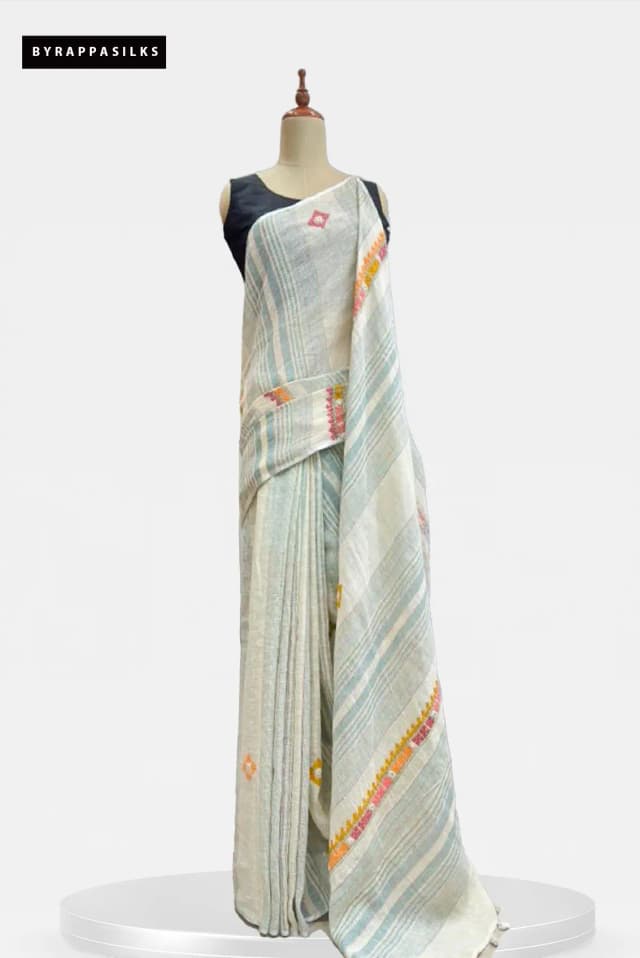 Pure Linen Saree Off-White & Pastel Green AA210459