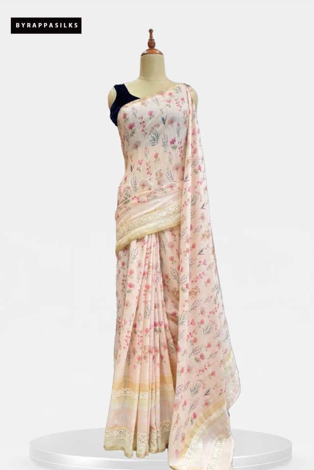 Pure Linen Saree Pastel Pink Floral Printed AA210459
