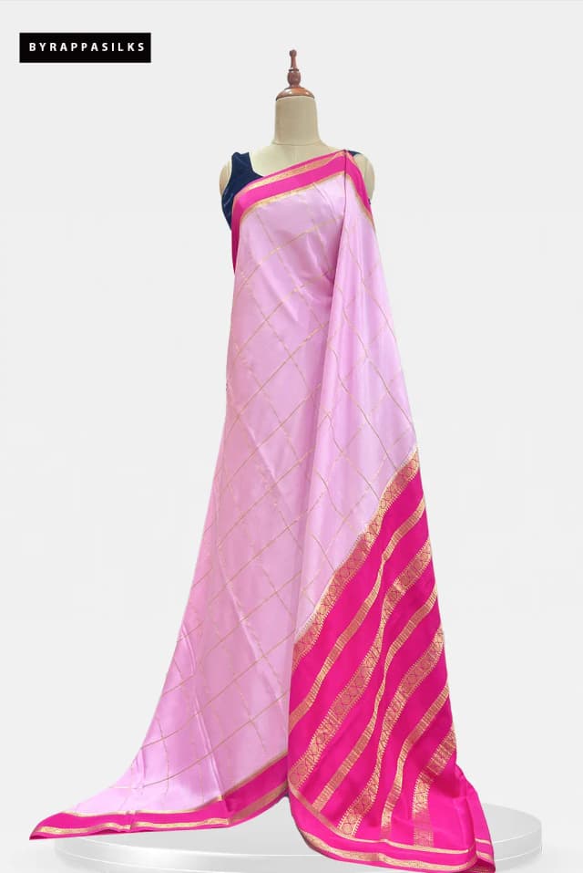 Pure Mysore Silk Saree Checks Baby Pink With Pink Border AA207608