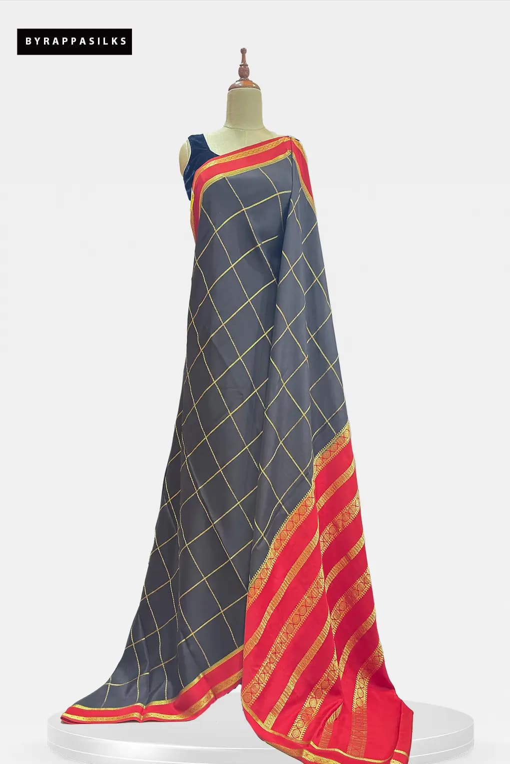 Pure Mysore Silk Saree Checks Black With Red Border AA207608