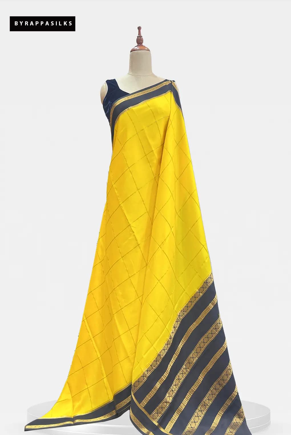Pure Mysore Silk Saree Checks Yellow With Black Border AA207608