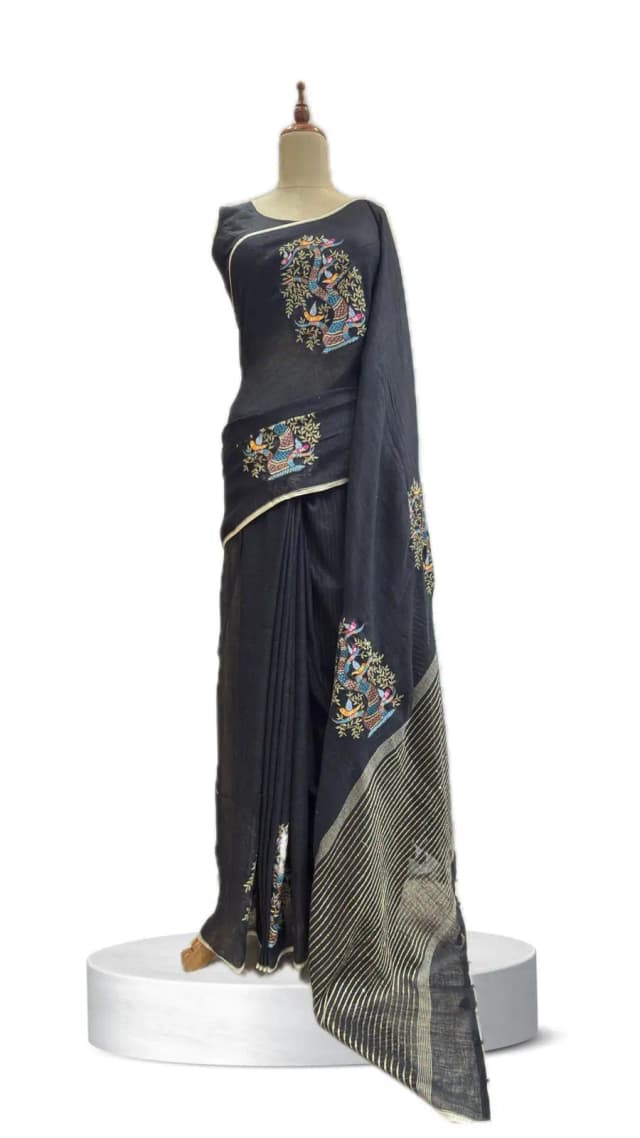 Linen Saree Black Tree Design AA211111