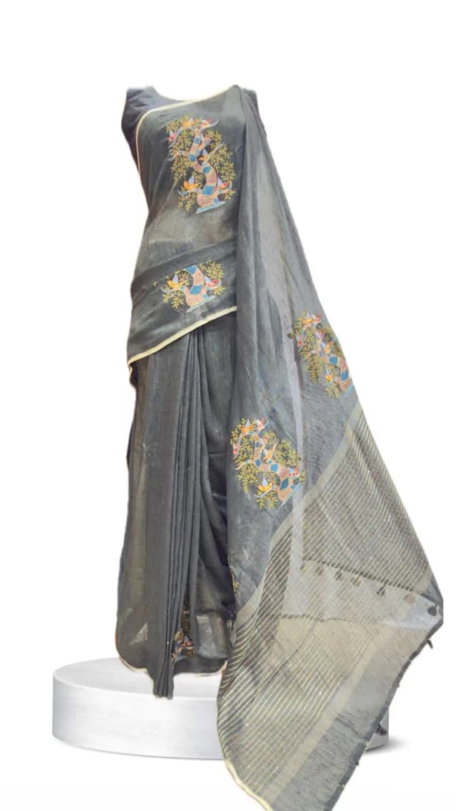 Linen Saree Grey Tree Design AA211111