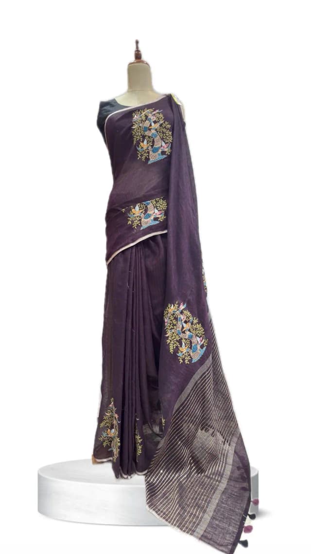 Linen Saree PurpleTree Design AA211111