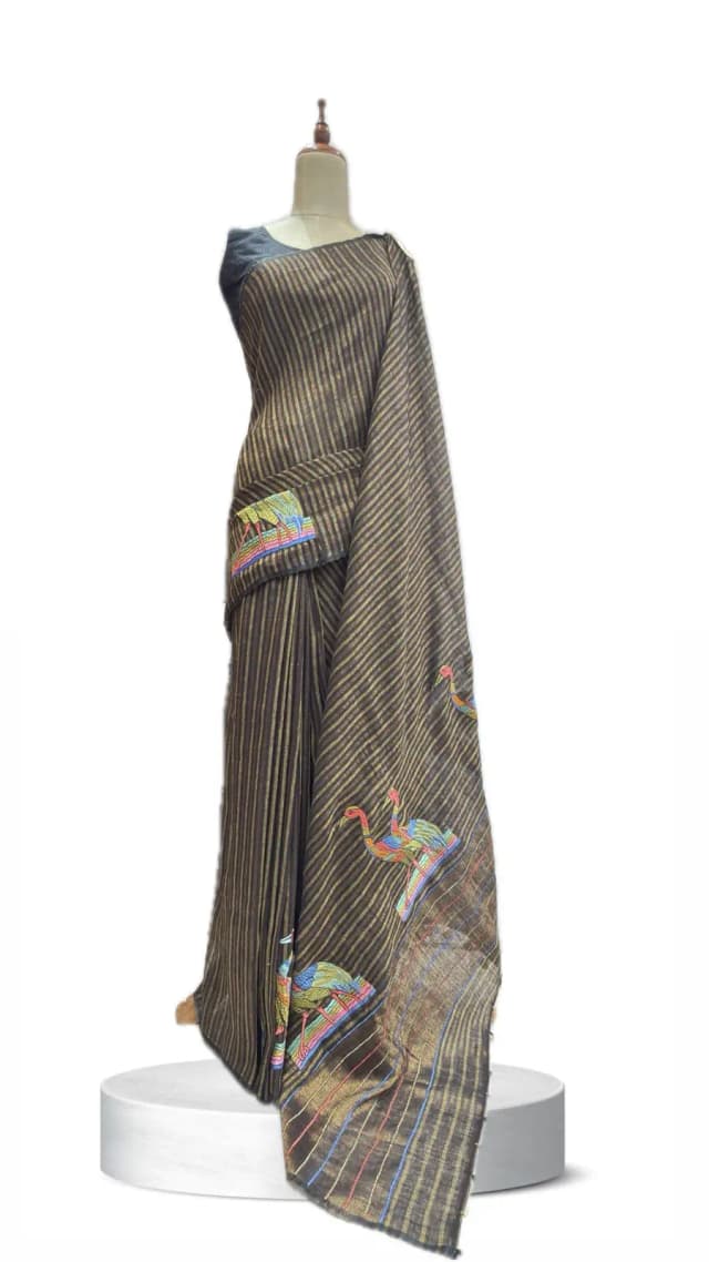 Linen Saree Black stripes Bird Design AA211108