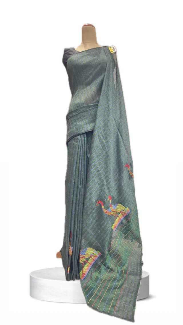 Linen Saree Sea Green stripes Bird Design AA211108