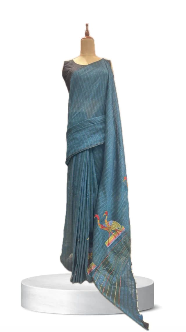 Linen Saree Blue stripes Bird Design AA211108