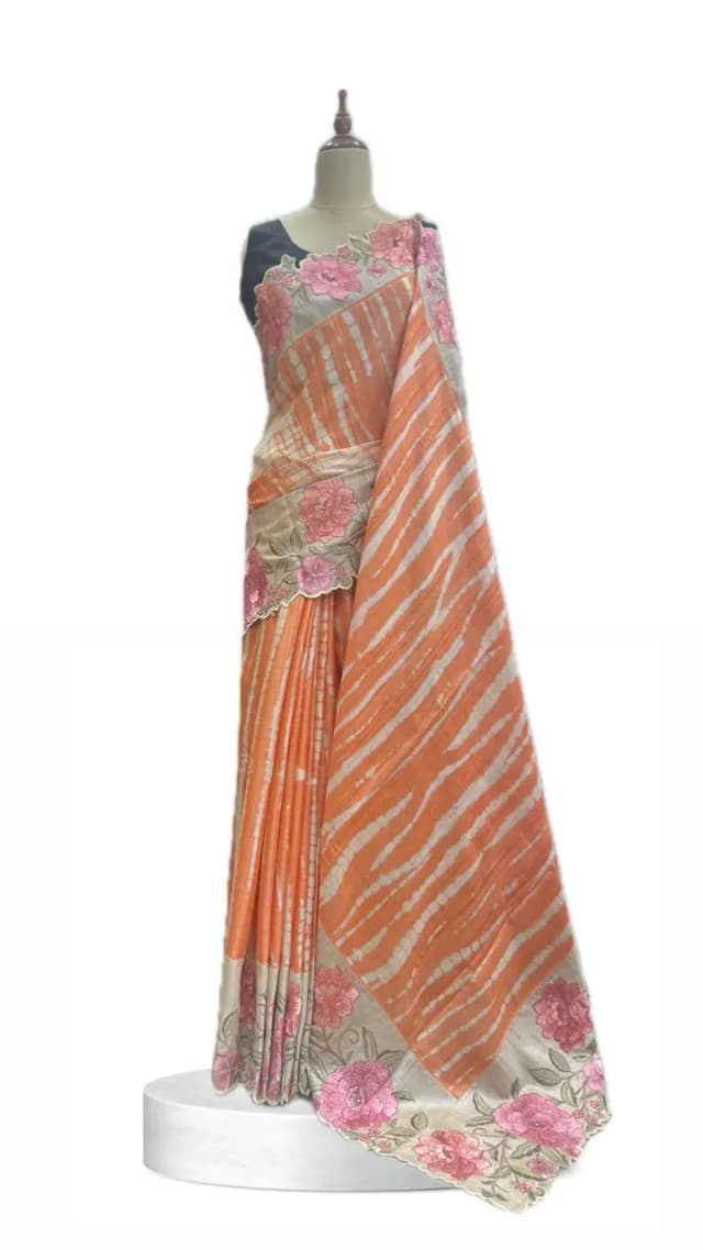 Pure Tusser  Saree Orange with Flower Design QS283085